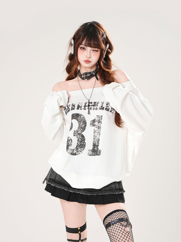 Black/White Off-the-shoulder Neckline Number Print Summer Sweatshirt