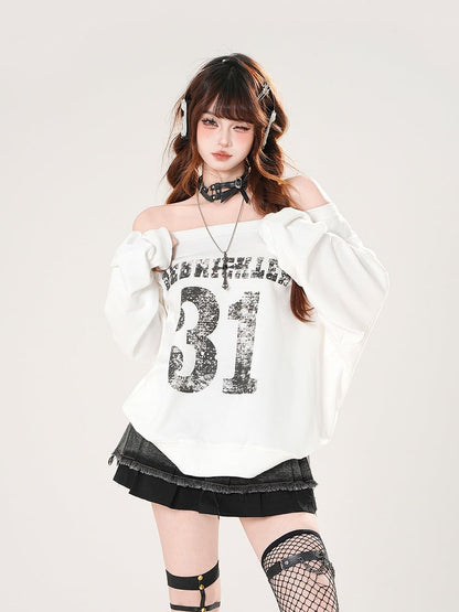 Black/White Off-the-shoulder Neckline Number Print Summer Sweatshirt