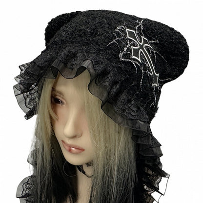 Y2K Black Cross Applique Lace Trim Punk Knit Hat
