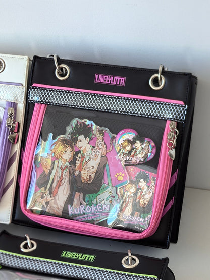 Black & Dark Pink Sweetheart Charm Zipper Ita Shoulder Bag