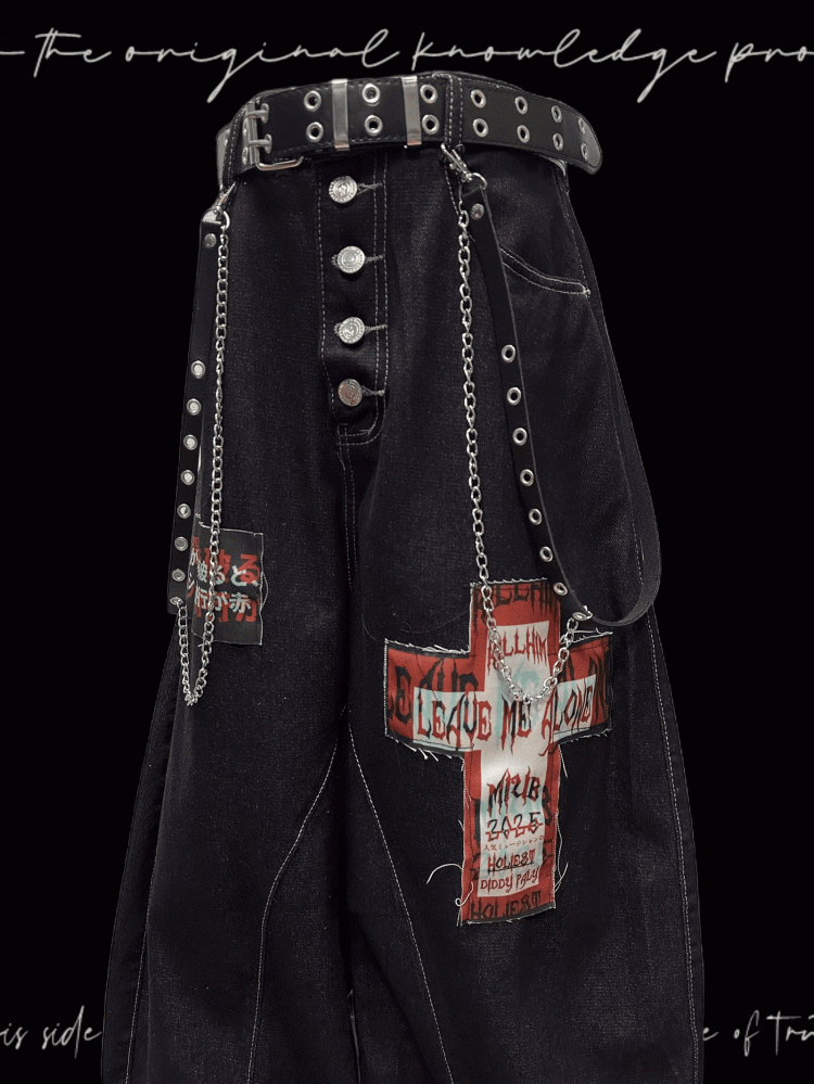 Cross Applique Dark Blue Buttons Fly Front Wide-leg Jeans