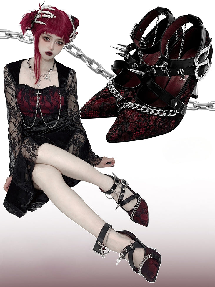 Spike Studs Coffin-shaped Buckles Red Lace Gothic Punk Stiletto Heels with Chains