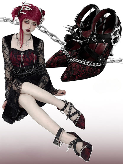 Spike Studs Coffin-shaped Buckles Red Lace Gothic Punk Stiletto Heels with Chains