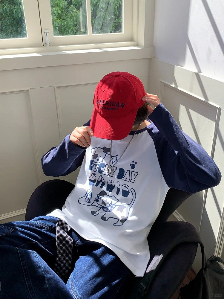 White/Blue Colorblock Design Adorable Puppy Print Loose Top