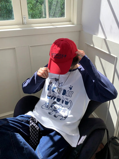 White/Blue Colorblock Design Adorable Puppy Print Loose Top