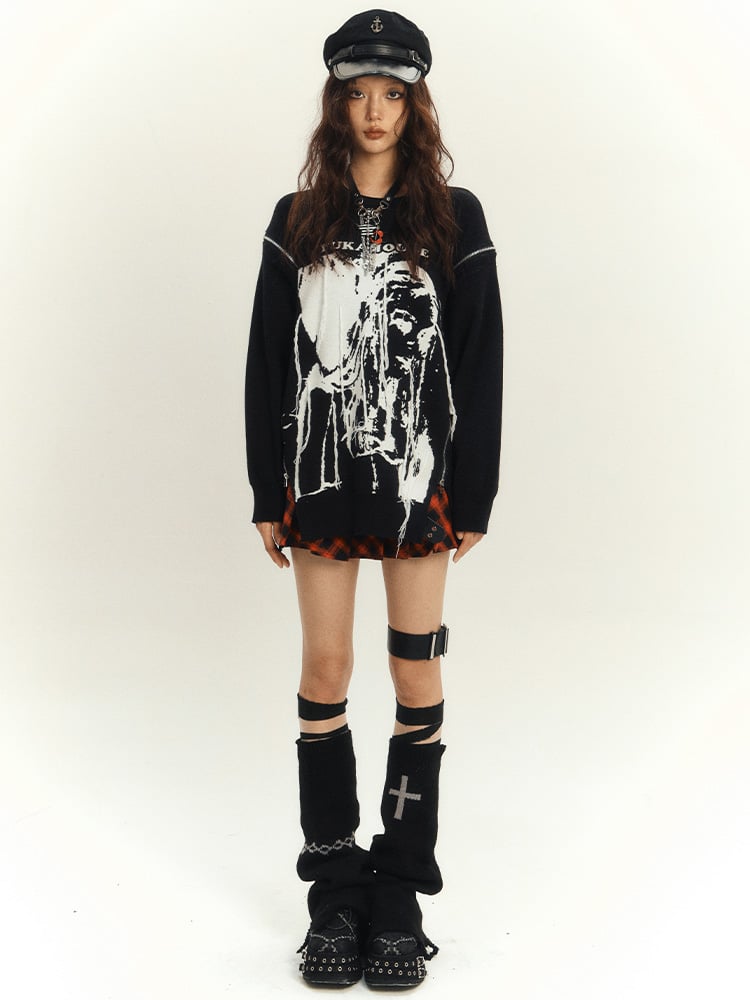 Black Punk Rock Zips Design Loose Round Neck Sweater