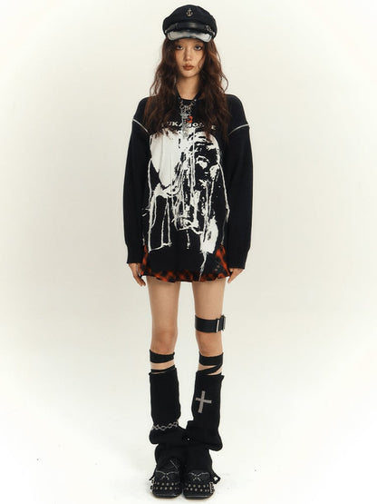 Black Punk Rock Zips Design Loose Round Neck Sweater