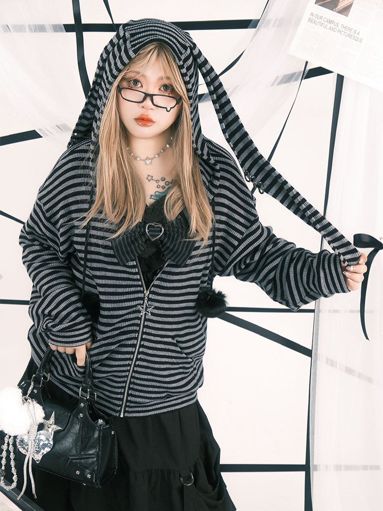 Plus Size Black & Gray Stripes Bunny Hoodie Jacket with Pompon Drawstrings