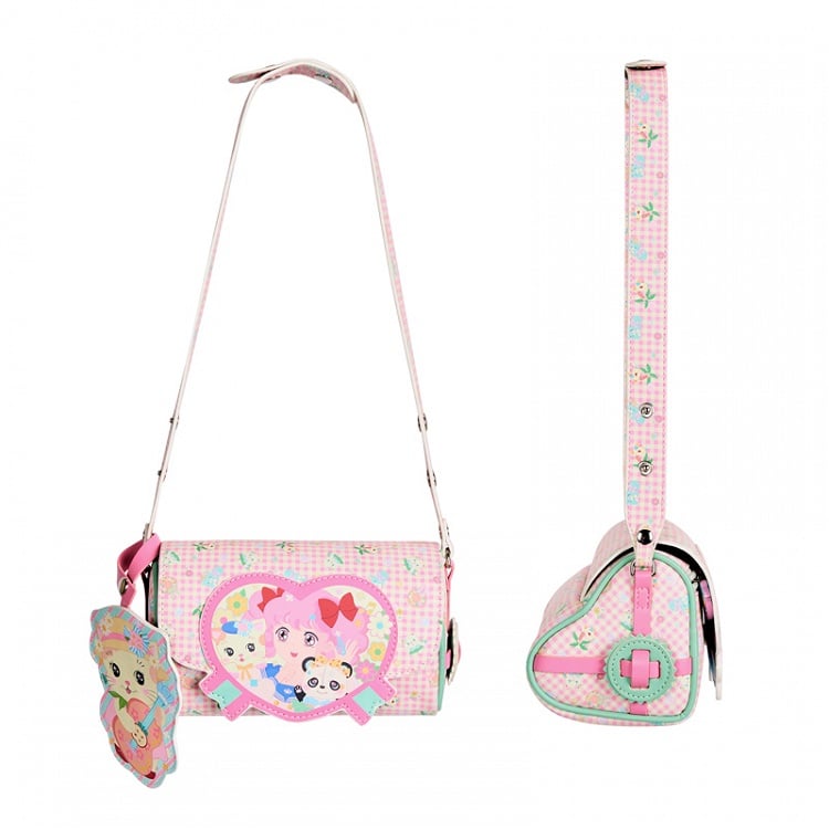 Pink Floral Plaid Pattern Shoulder Bag with Kitty Charm