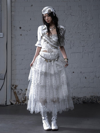 Black/White/Apricot Elastic Waist Sequin Details Tiered Mesh Skirt