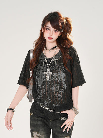 White/Black Lace-up Neckline Cross Applique Distressed Holes Graphic T-shirt