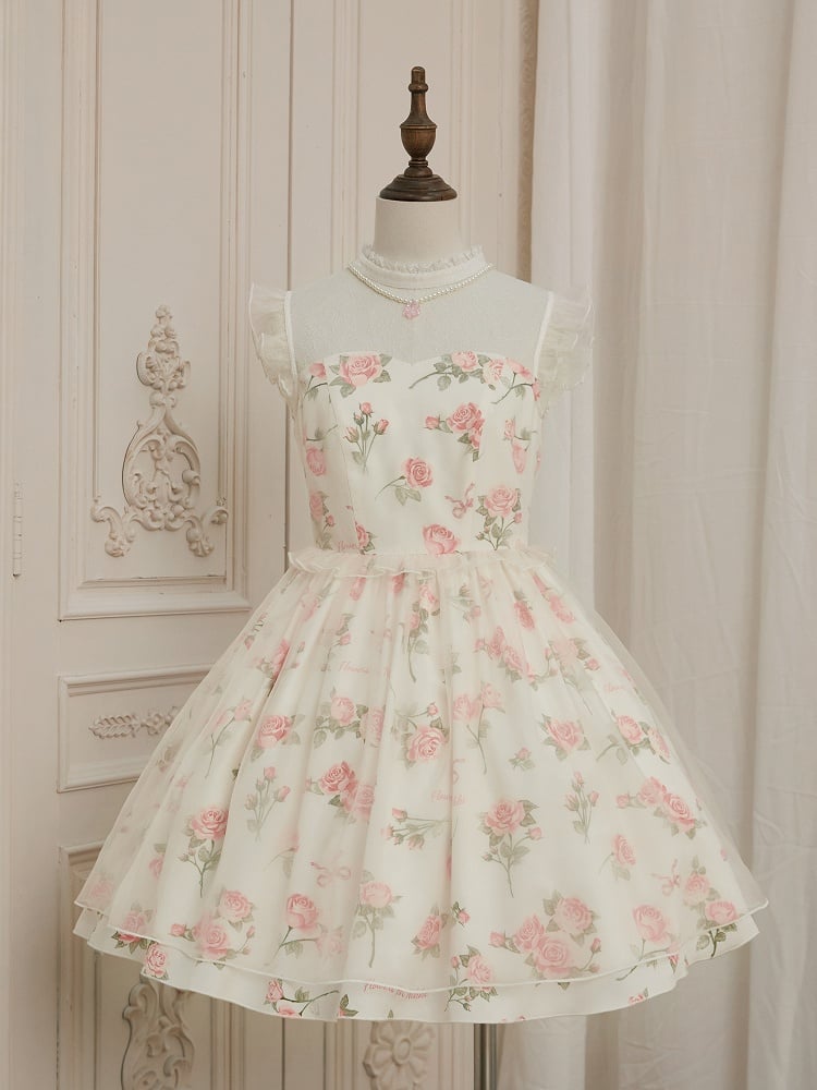 Pink Rosette Print White Illusion Neckline Summer Lolita Dress