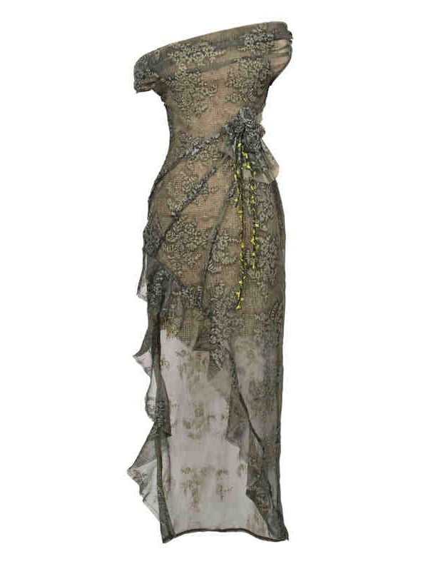 Green Off-the-shoulder Neckline Forest Fairy Goth Cascading Flounce Slit Dress