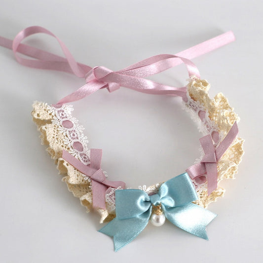 Pink&Blue Sweet Lolita Beaded Pendant Bowknot Details Ruffled Choker