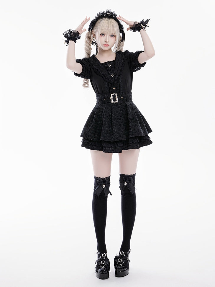 Jirai Kei Sailor Collar Black Short Sleeves Blouse Bowknot and Sweetheart Rhinestone Decorations