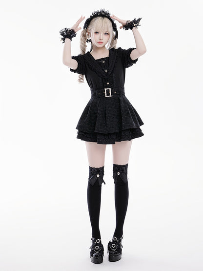 Jirai Kei Sailor Collar Black Short Sleeves Blouse Bowknot and Sweetheart Rhinestone Decorations