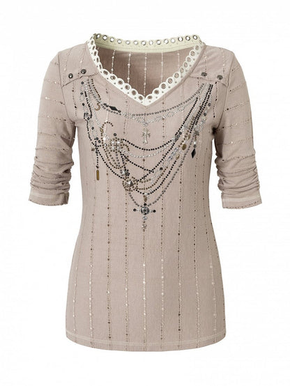 Pink/Blue Wasteland Punk V-neck Rhinestone Necklace Design Striped Pattern Long Sleeves Top