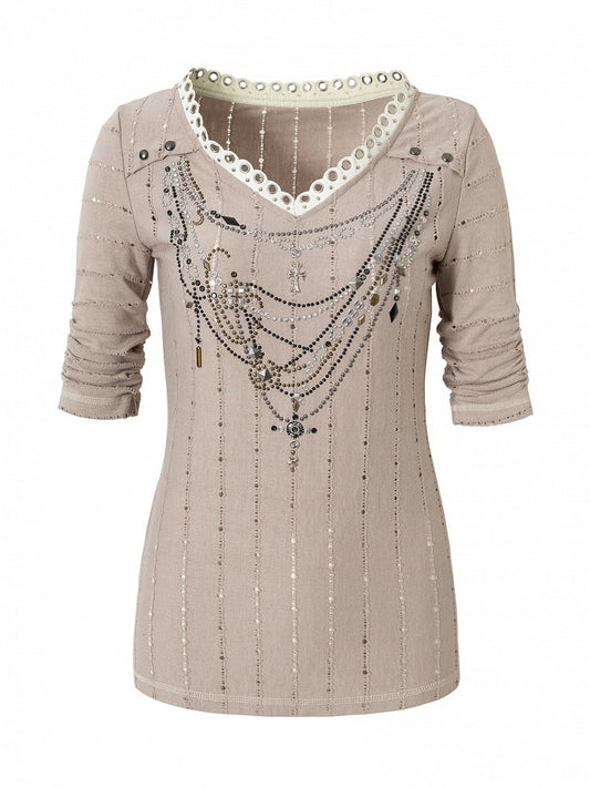 Pink/Blue Wasteland Punk V-neck Rhinestone Necklace Design Striped Pattern Long Sleeves Top