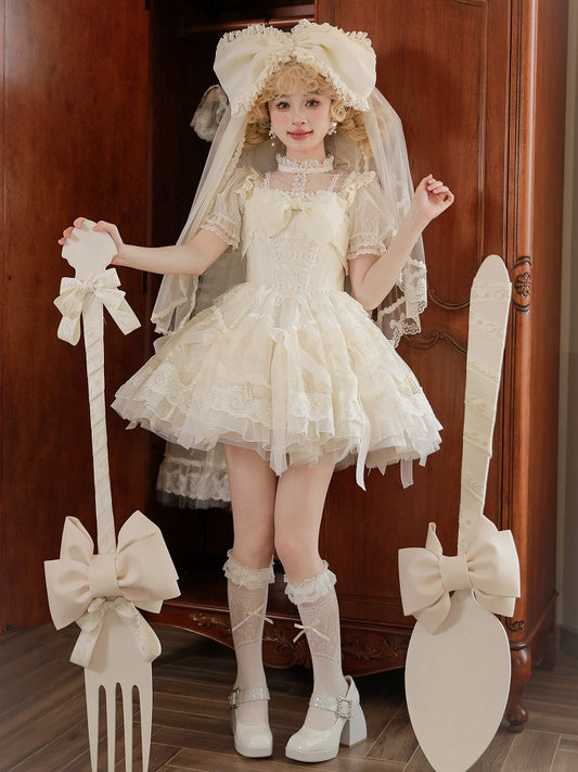 Creamy White Princess Basque Waist Lolita Dress Beads and Ribbon Bows on Skirt
