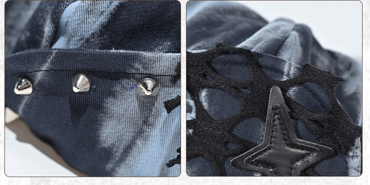 Grunge Punk Rock PU Star Studs Design Blue and Black Tie Dye Beret