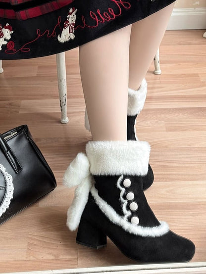 Black Sweet Lolita Mid-Calf Boots - Button Accents, Plush Bow & Furry Cuff with Inner Zip