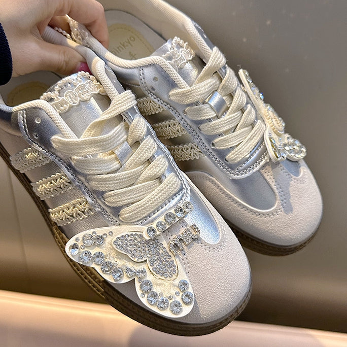Beads and Rhinestones Detail Silver Butterfly Decorated Sneakers