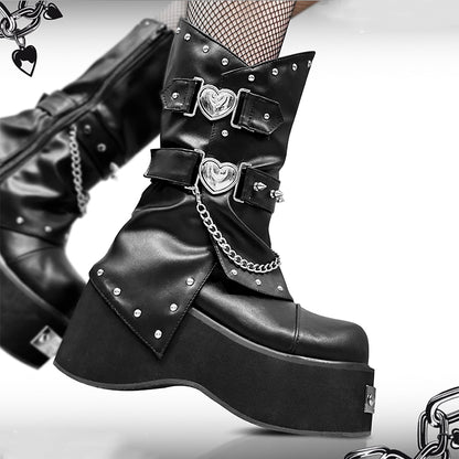 Punk Silver-tone Studs Black Gothic Platform Boots