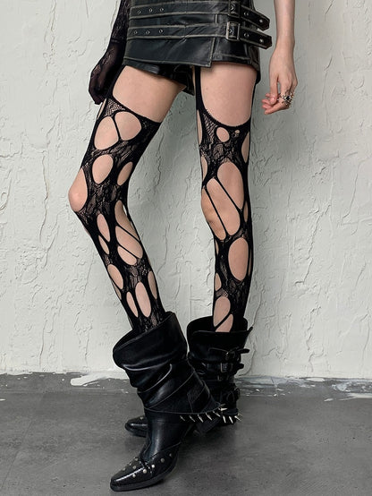 Black/Wine Red Y2K Asymmetrical Design Cut-out Details Suspender Stockings