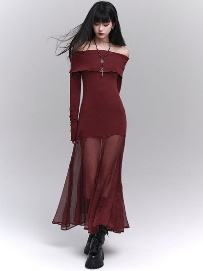 Wine Red Semi-sheer Off-the-shoulder Neckline Glamorous Dress
