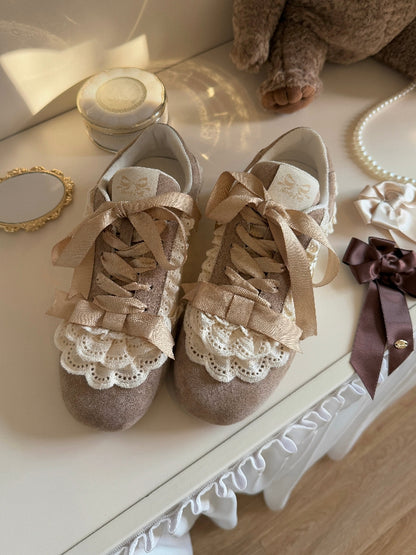 Khaki Sweet Lolita Balletcore Front Lace-up Ties Lace Trim Sneakers