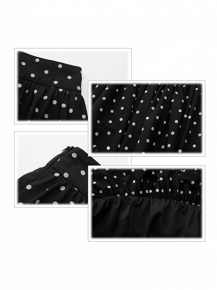 Plus Size Black Below-Knee Skirt with White Polka Dots & Side Zipper