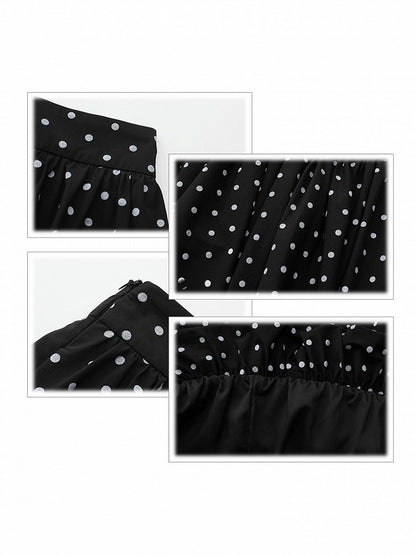 Plus Size Black Below-Knee Skirt with White Polka Dots & Side Zipper