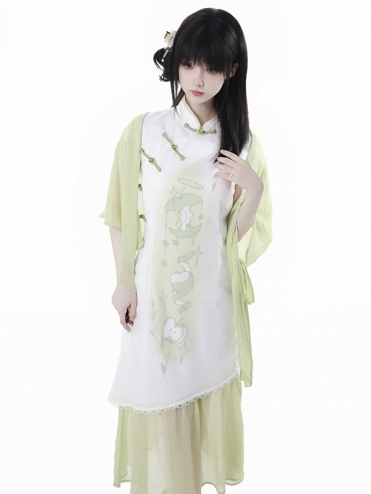 Green Apple Print Cheongsam Style Banded Collar Knot Buttons Qipao Dress
