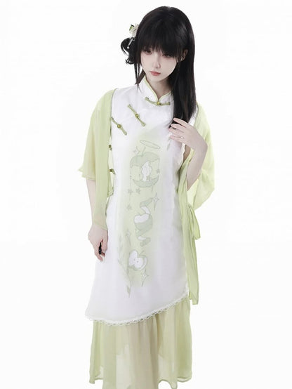 Green Apple Print Cheongsam Style Banded Collar Knot Buttons Qipao Dress