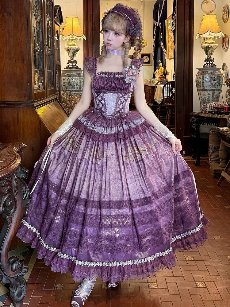 Purple Classic Lolita Boned Basque Waist Top + Oil Painting Print Overlay Skirt