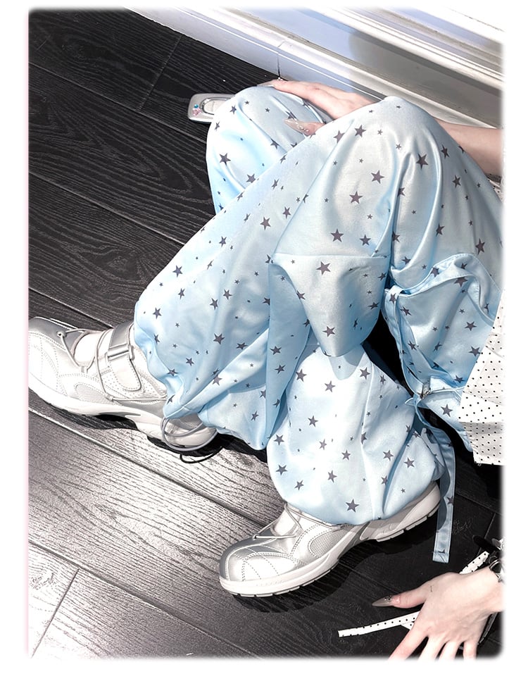 Allover Star Print Drawstring Waist Blue Wide-leg Cargo Pants