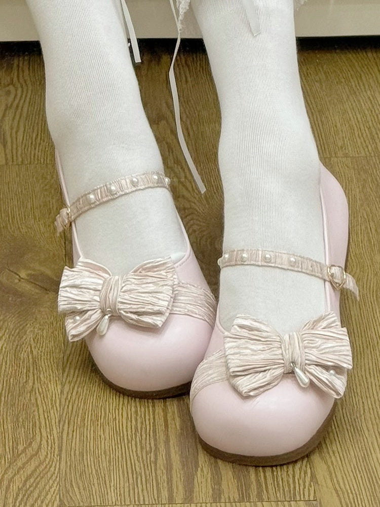 Strawberry Pink Beaded Decorated Bow at Top Heart Buckle Round Toe Lolita Shoes