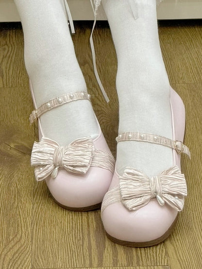 Strawberry Pink Beaded Decorated Bow at Top Heart Buckle Round Toe Lolita Shoes