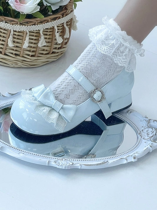 Low-heel Light Blue Mary Janes in PU - Round Toe Design, Lace Edging & Bow Decor