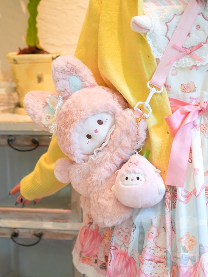 Pink Rabbit Bowknot Lace Details Plush Backpack + Keychain
