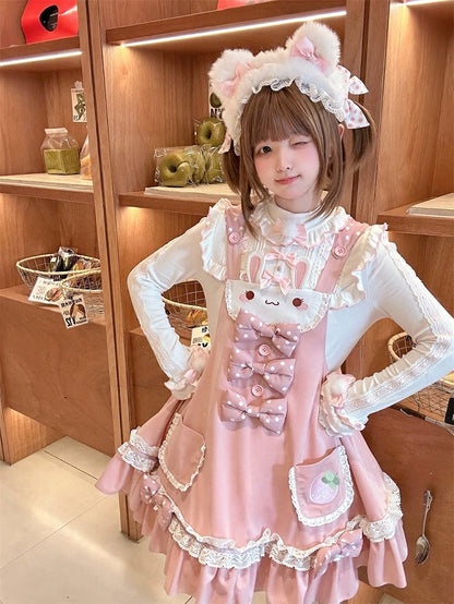 Bunny Ears Design Hood Pink Sweet Lolita Jumper Skirt Polka-dot Bowknot Details on Waist