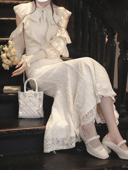 Jirai Kei Elegance: Beige Chiffon Blouse with Flounce Cutout Shoulders - Clean & Innocent Aesthetic