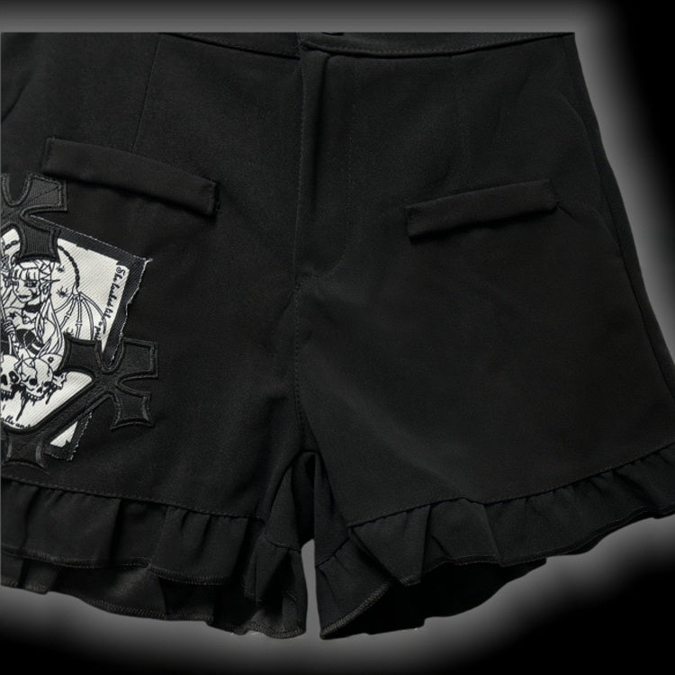 Gothic Black Cross Patches High Waist Ruffle Trim Shorts with Free Waist Chain