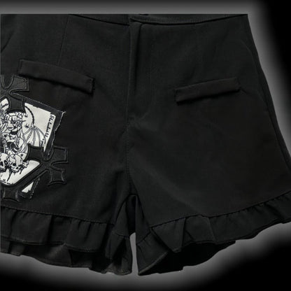 Gothic Black Cross Patches High Waist Ruffle Trim Shorts with Free Waist Chain