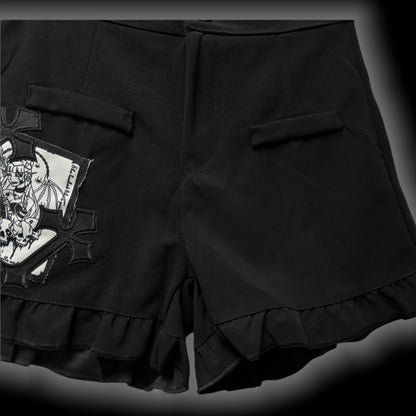 Gothic Black Cross Patches High Waist Ruffle Trim Shorts with Free Waist Chain