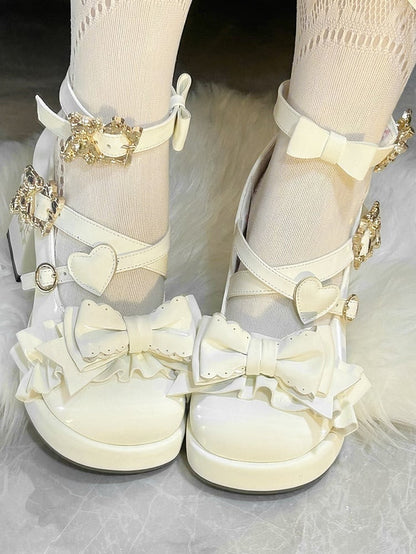White Bear Buckle Straps Bowknot High Block Heels with Bear Embroidery