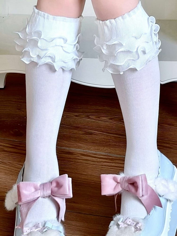 White Ruffle Trims Lolita Calf Socks