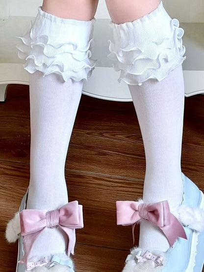 White Ruffle Trims Lolita Calf Socks