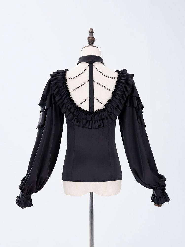 All Black Lace-up Ruffled V-neck Long Sleeves Backless Shirt
