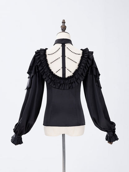 All Black Lace-up Ruffled V-neck Long Sleeves Backless Shirt